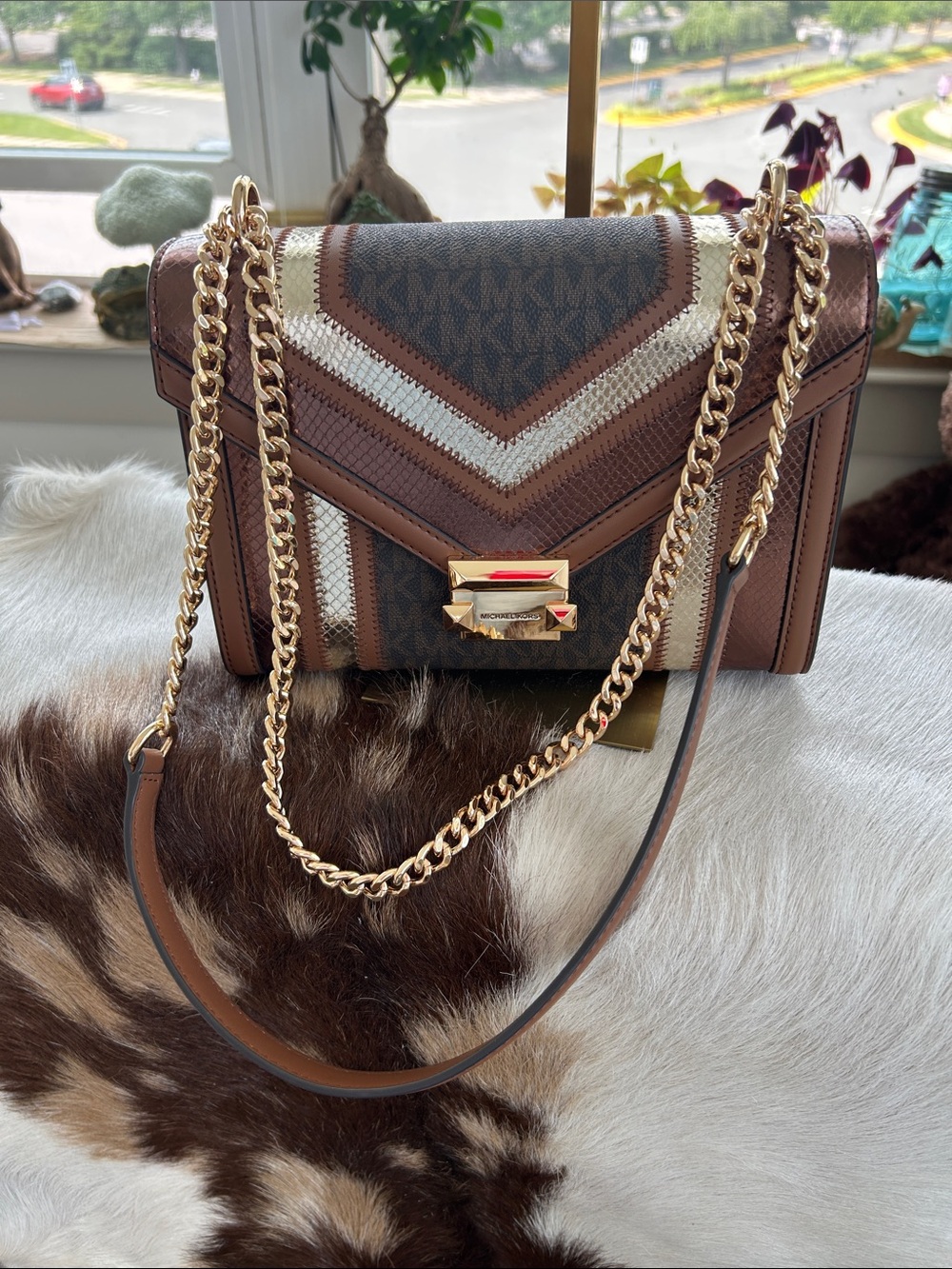 Michael Kors Brown Shoulder Bag & Gold Chain & Metallic Accents 9.5”x 3”x 7” NWT